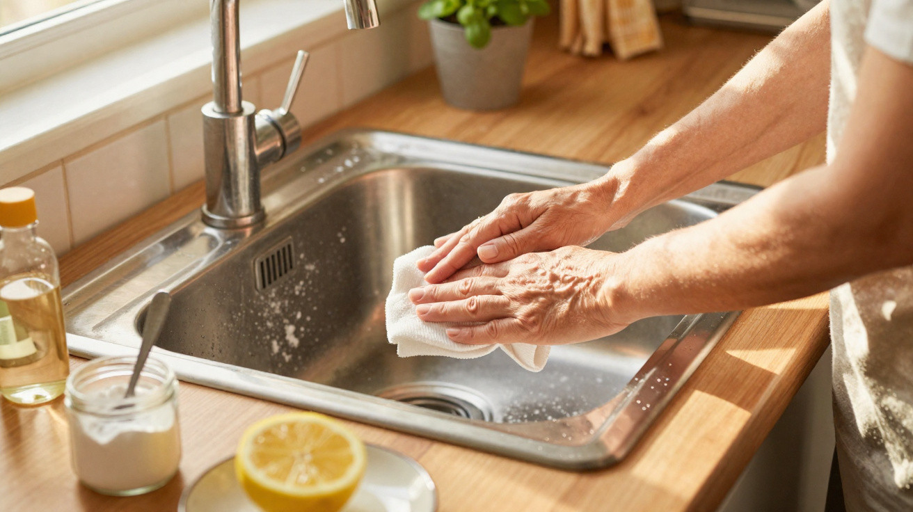 Person cleaning a stainless steel kitchen sink with a cloth beside a lemon and kitchen supplies on the counter.