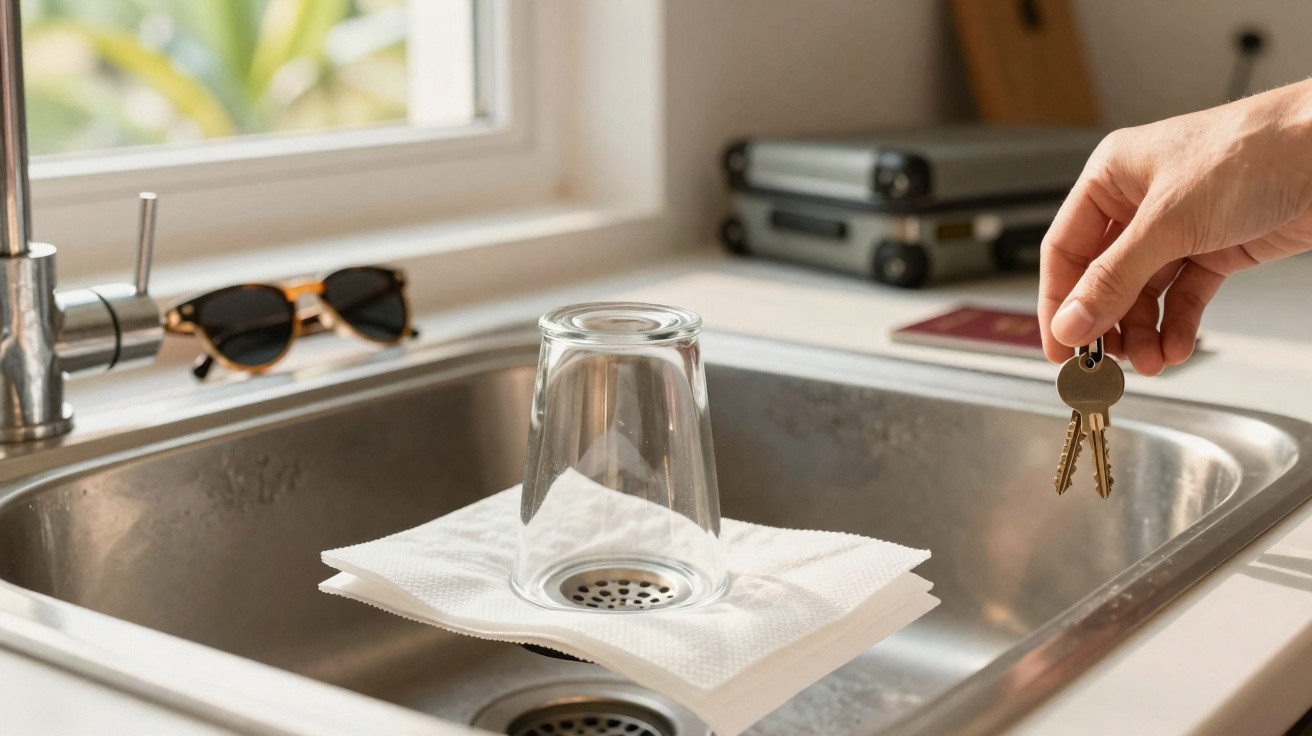 Hand holding a set of keys near a kitchen sink with an upside-down glass on paper towels.