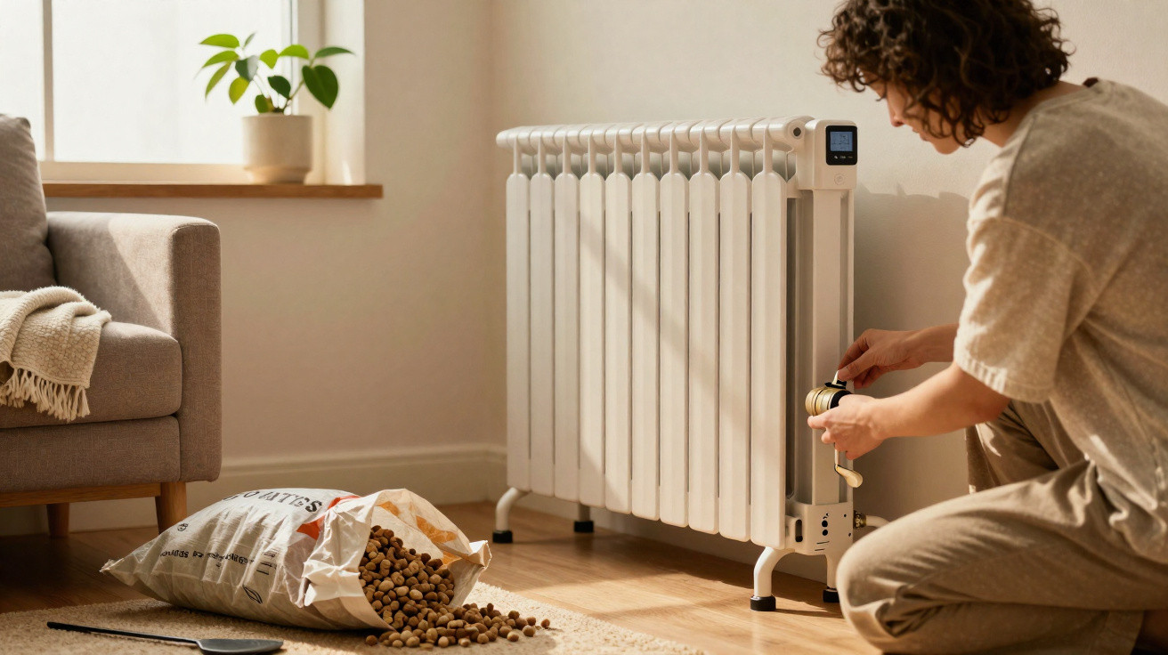 Person adjusting a white electric radiator in a cosy living room with a spilled bag of nuts on the floor.