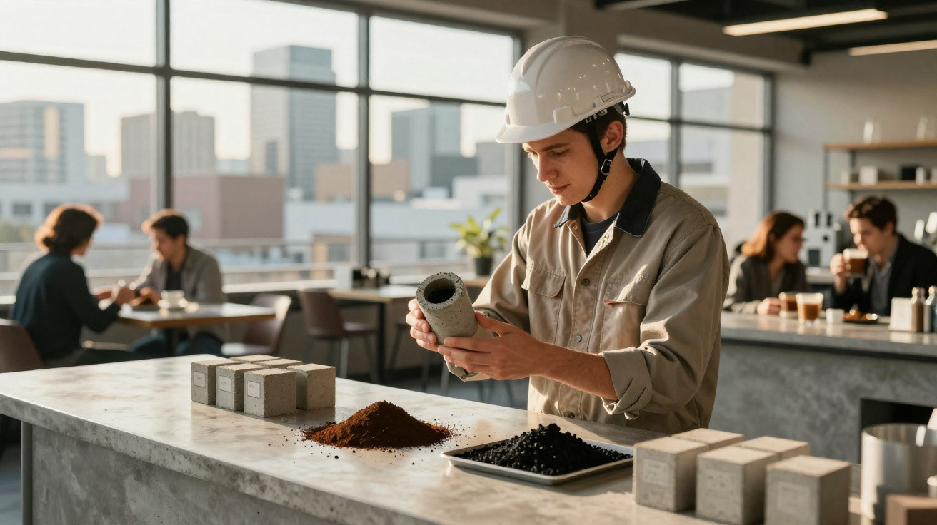 Engineer wearing a hard hat examining a concrete sample with soil and aggregate on a table in a modern office.