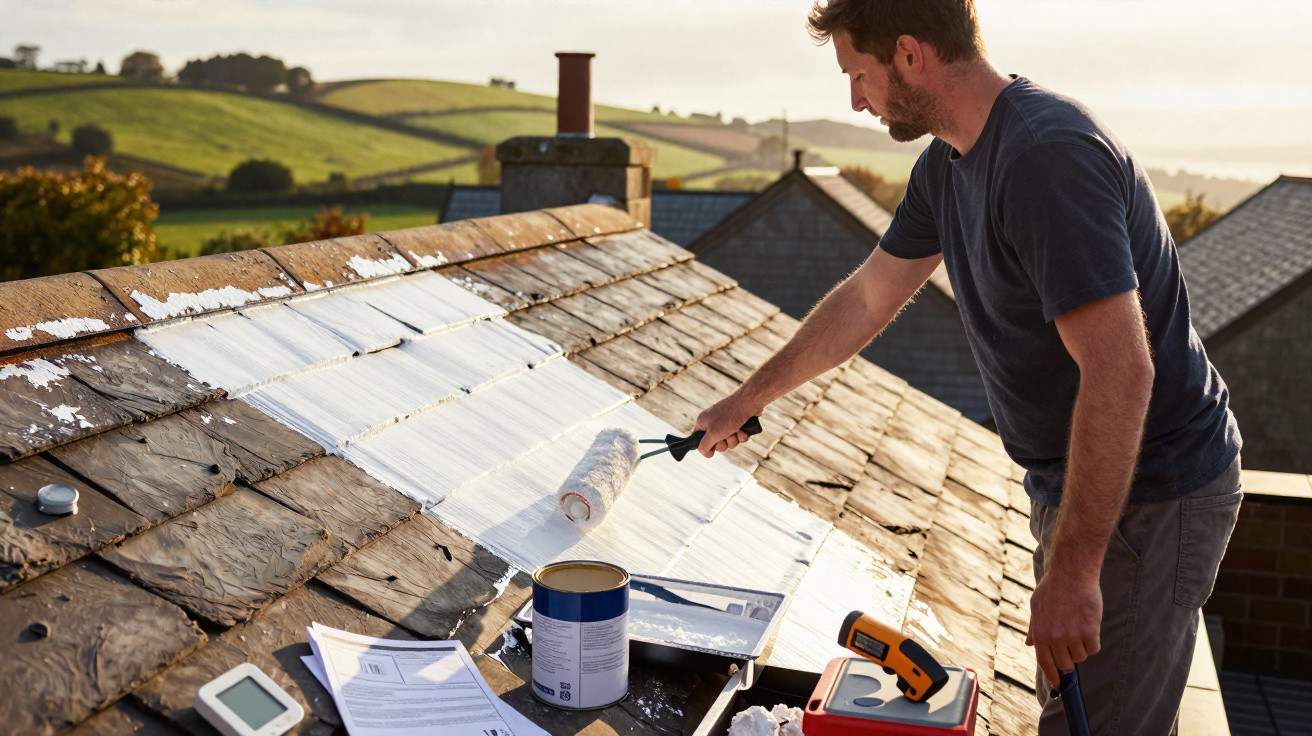 Man in navy shirt painting roof tiles white with roller in rural setting at sunset