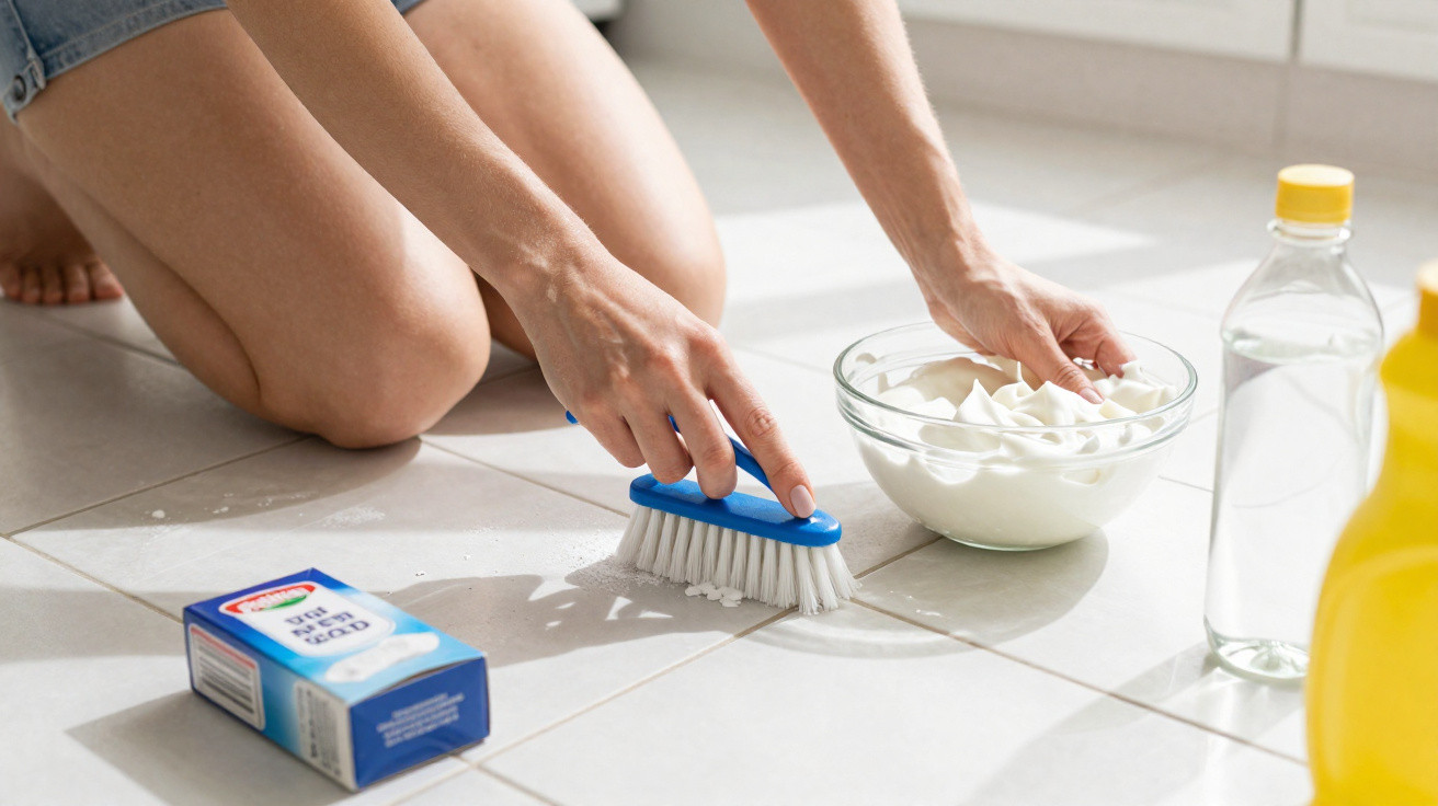 Person cleaning grout on tiled floor with brush, bowl of cleaning solution, and box of baking soda nearby.