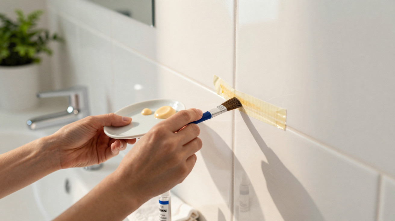 Person applying grout or sealant with a brush on tiled bathroom wall edges taped for precision.