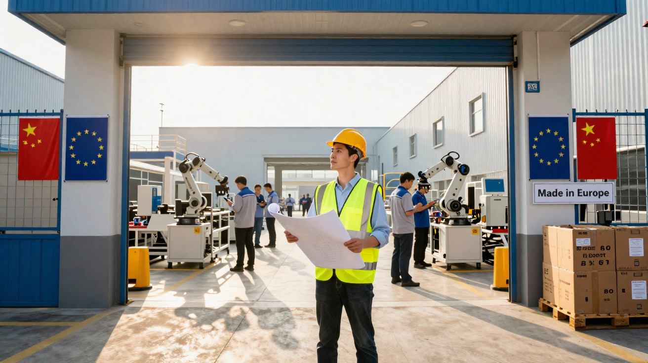 Engineer in yellow hard hat and vest holding plans outside robotics factory with China and EU flags displayed.