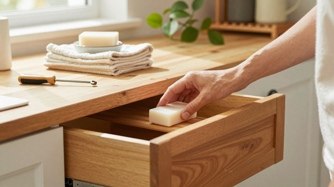 Hand placing a bar of soap into a wooden drawer next to folded towels and a soap dish on a countertop.