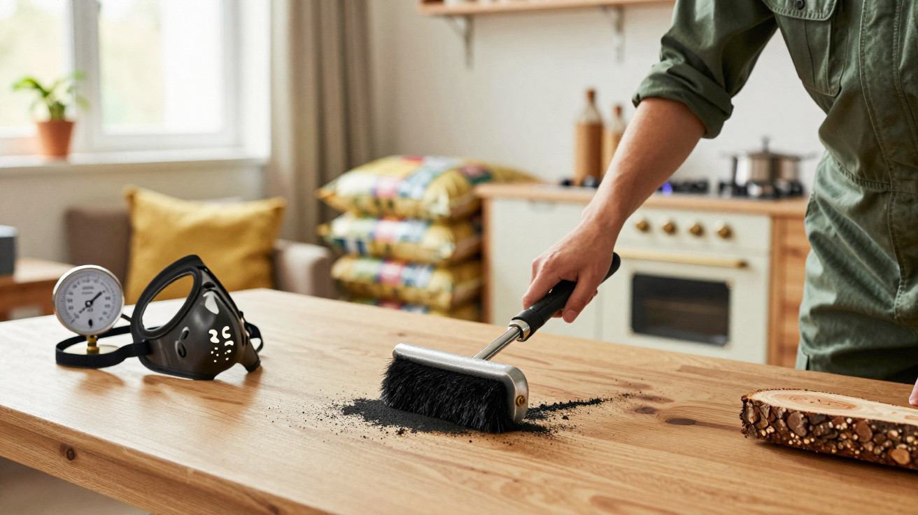 Person cleaning black powder with brush on wooden table near gas mask and wooden slice in kitchen.