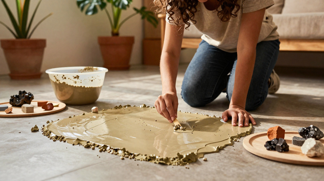Child kneeling on floor arranging small rocks on a spread clay surface with potted plants in the background.