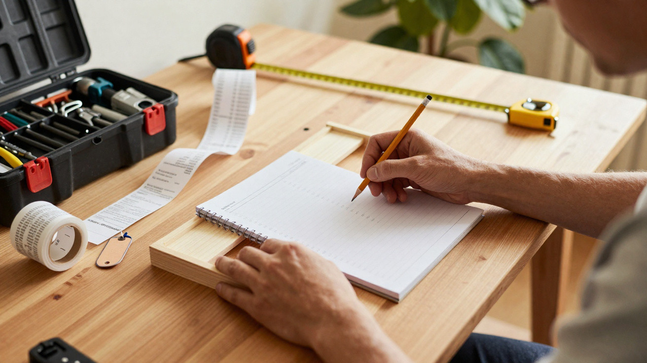 Person writing notes with a pencil on a notebook beside a tape measure and open toolbox on a wooden table.