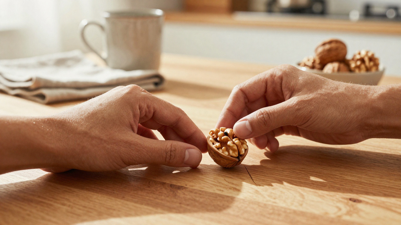 Two hands holding a cracked open walnut on a wooden table with a mug and nuts in the background.