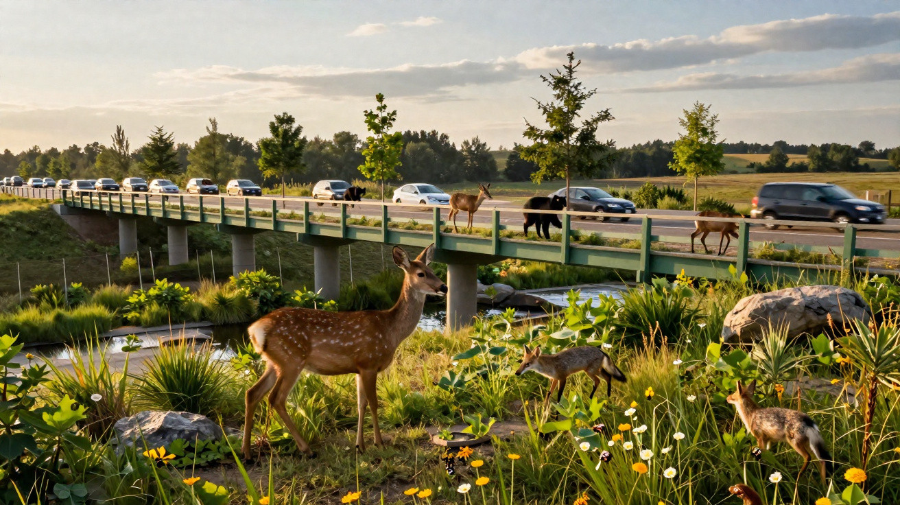 Deer and foxes near a river under a busy bridge with cars in a rural landscape at sunset.
