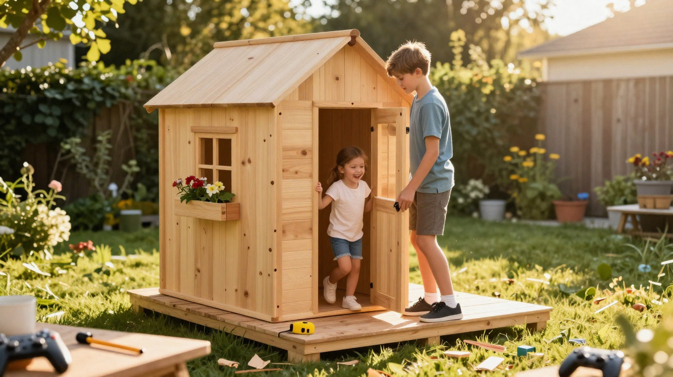 Two children playing with a wooden playhouse in a sunlit garden surrounded by plants and toys.