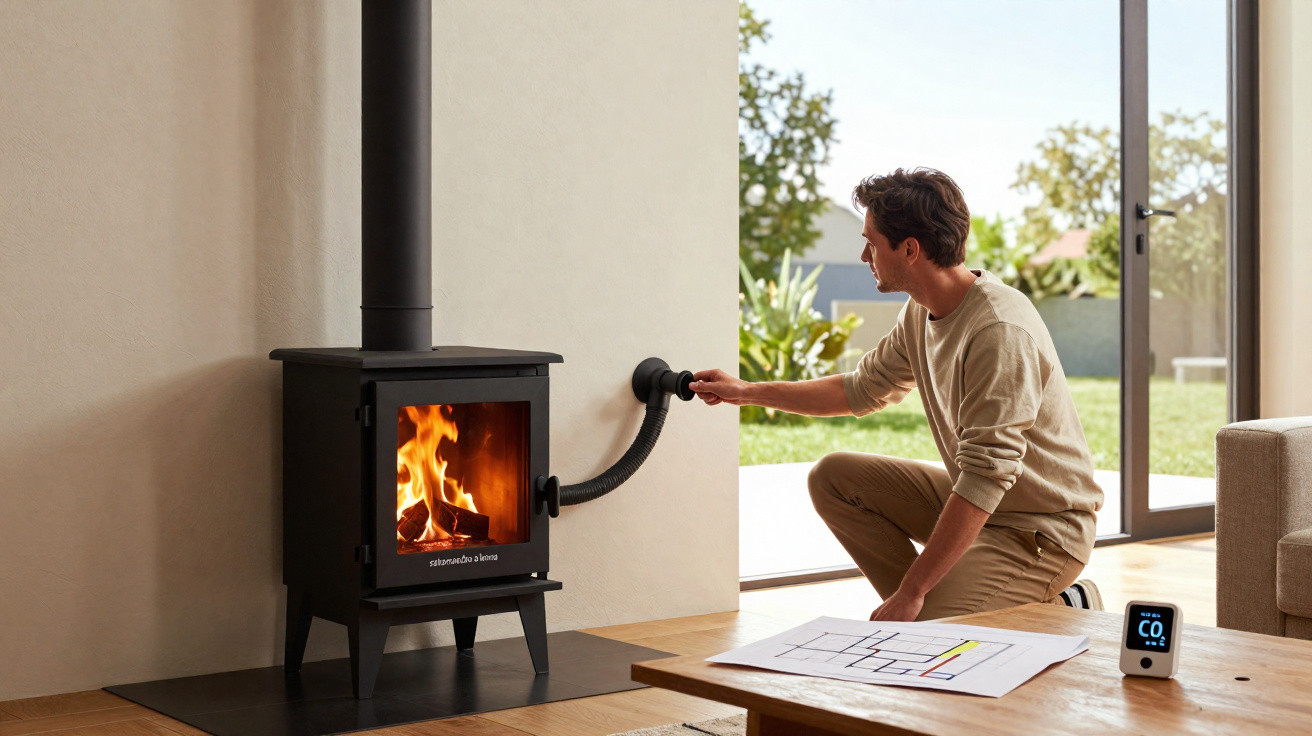 Man adjusting a pipe connected to a modern wood-burning stove in a bright living room.