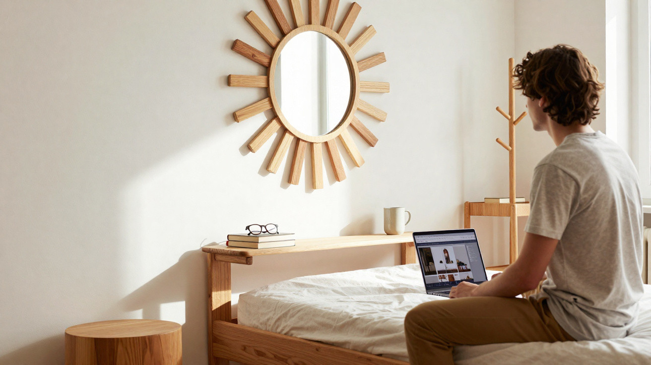 Young man sitting on bed using laptop in a sunlit bedroom with wooden furniture and a sunburst mirror.