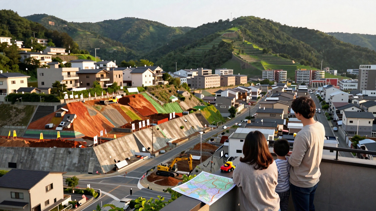 Family of three overlooking a town with hillside terracing and construction site in the late afternoon light.