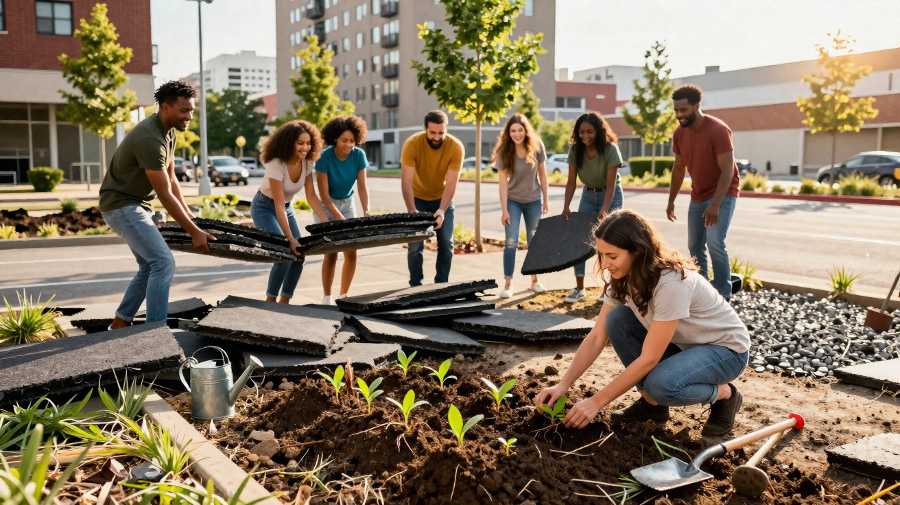 Group of diverse young people laying paving stones and planting seedlings in urban garden.