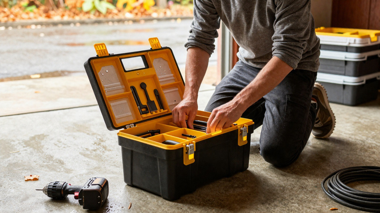 Person kneeling while organising tools in a black and yellow toolbox on a garage floor next to a cordless drill.