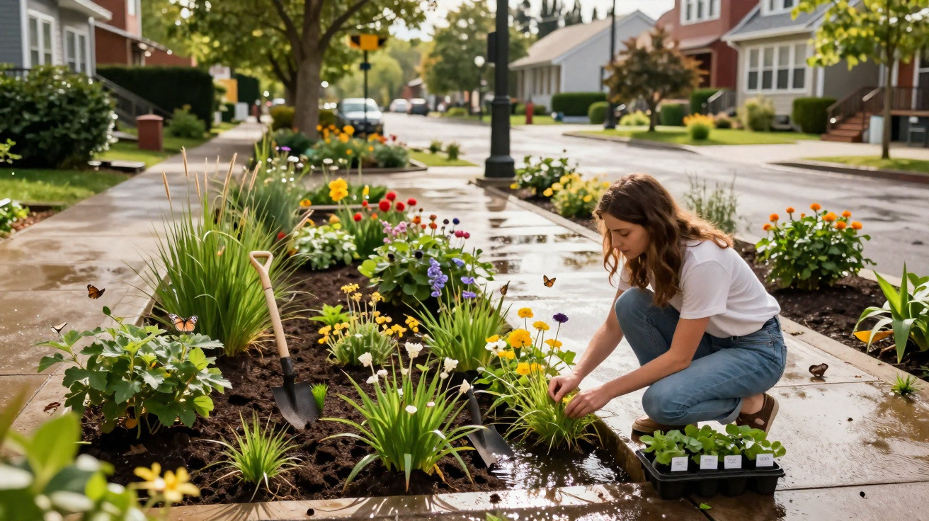 Woman planting flowers in a vibrant, butterfly-filled garden bed on a residential street pavement.