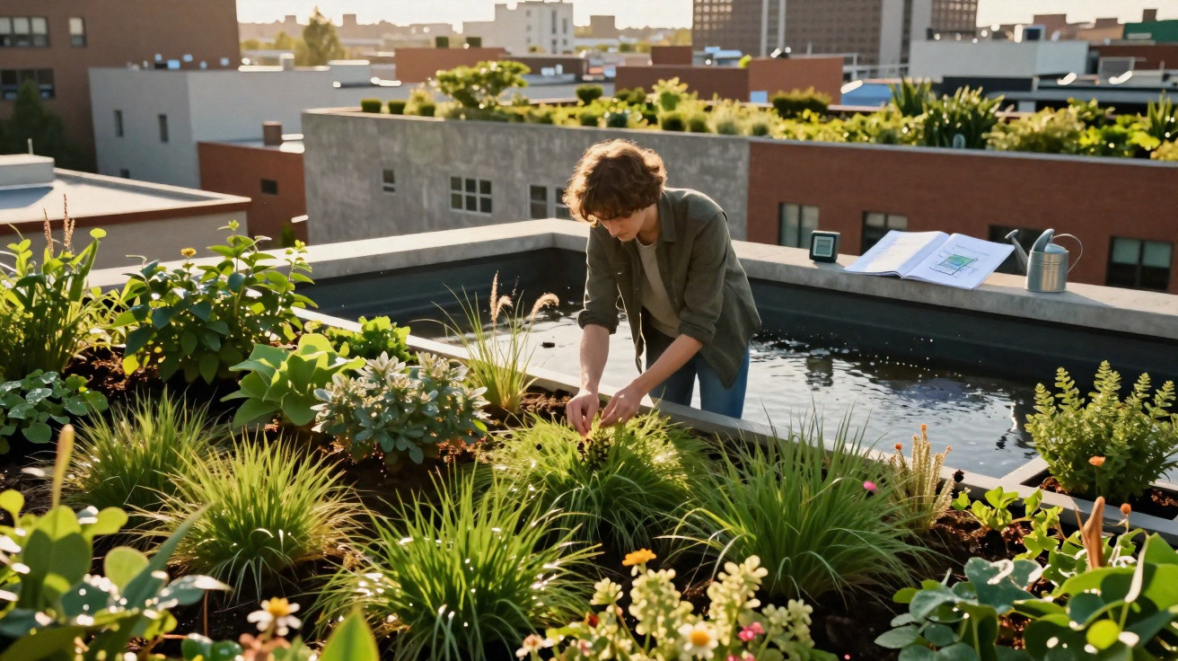 Person tending to plants in a city rooftop garden with buildings in the background during daylight.