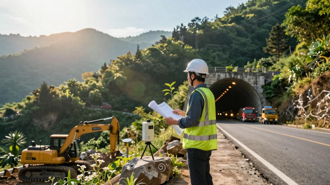 Engineer in helmet and vest checking plans near tunnel entrance with excavator and trucks in mountainous area.