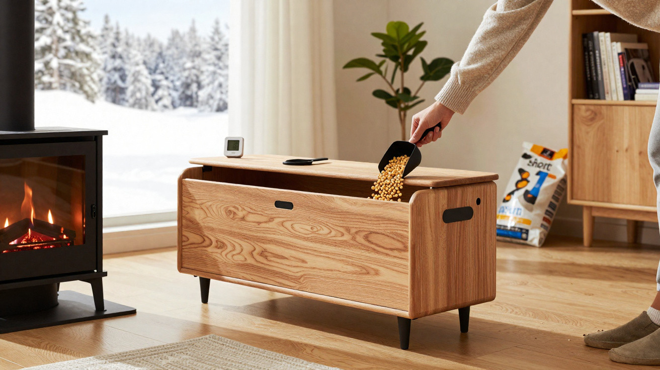 Person scooping pet food from wooden storage box near fireplace in cozy room with snowy view