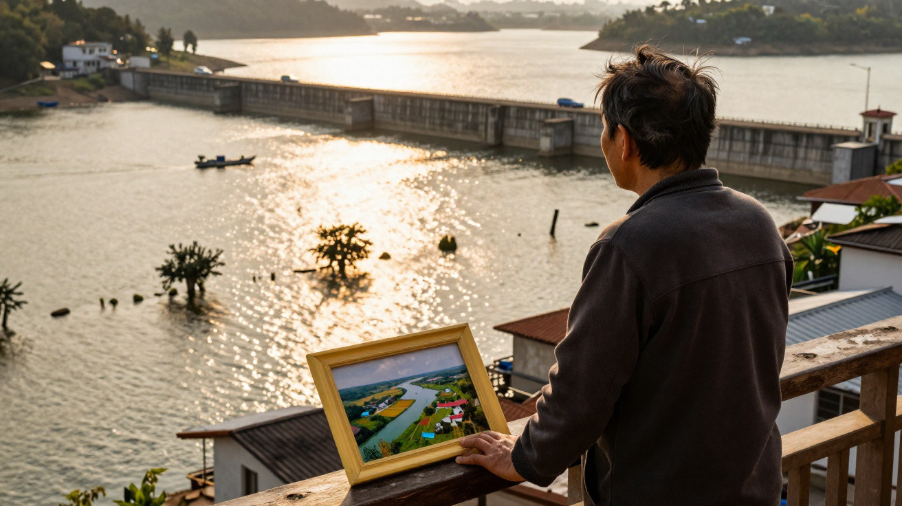 Man holding a framed photo overlooking a river and dam at sunset from a balcony railing.