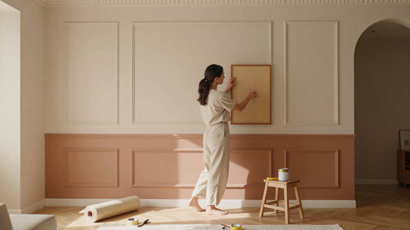 Woman hanging a woven wall decor in a beige and terracotta painted minimalist room with parquet flooring.