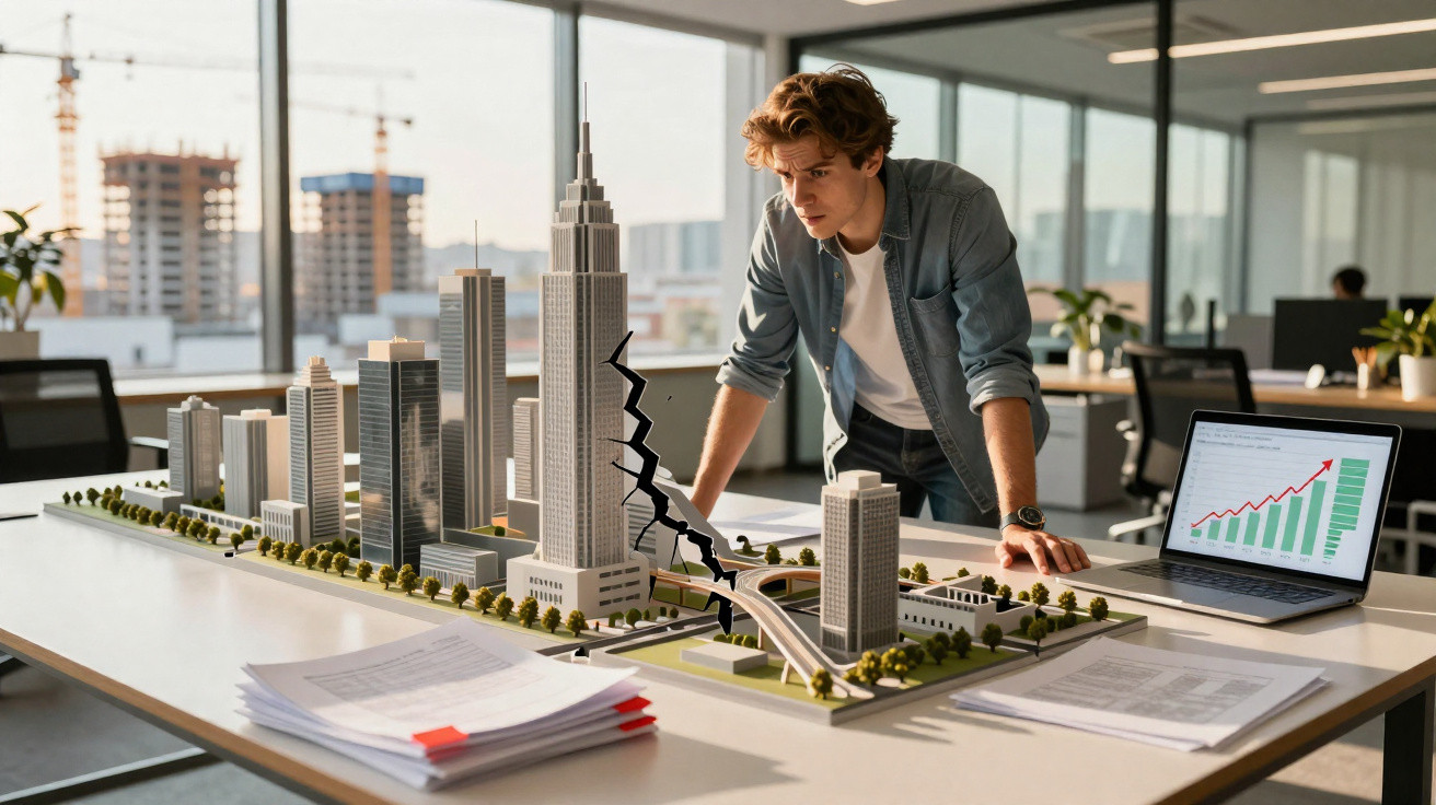 Man analysing a city model with a large crack, laptop showing rising graph, in modern office environment.
