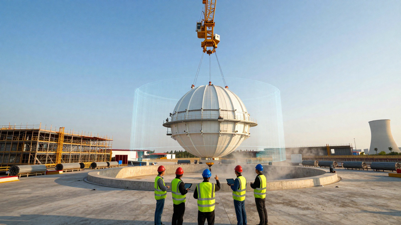 Five construction workers in high-visibility vests and helmets observe a large spherical structure being lifted by a crane.