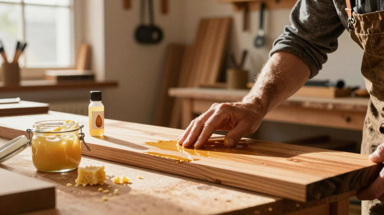 Person applying a liquid finish with their hand on a wooden board in a workshop with natural light.