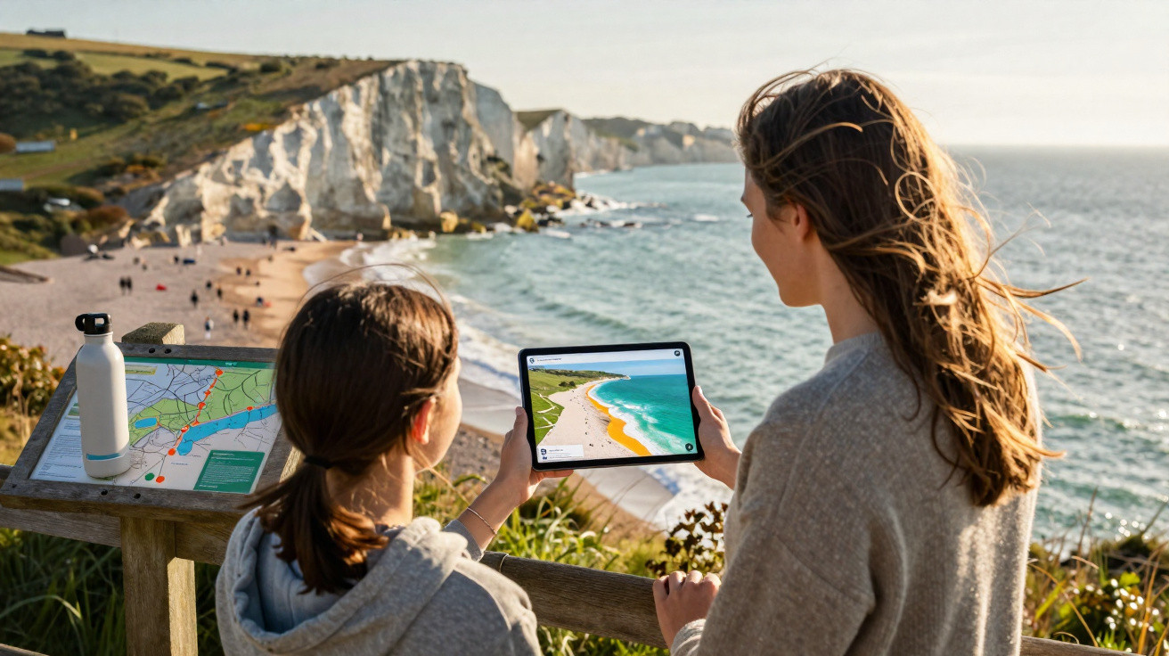 Two people looking at a tablet and map overlooking a beach with white cliffs and the sea in sunlight