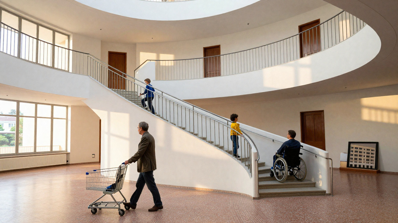 Spacious modern interior with curved staircase, large windows, a man pushing a trolley, and a wheelchair user on stairs.
