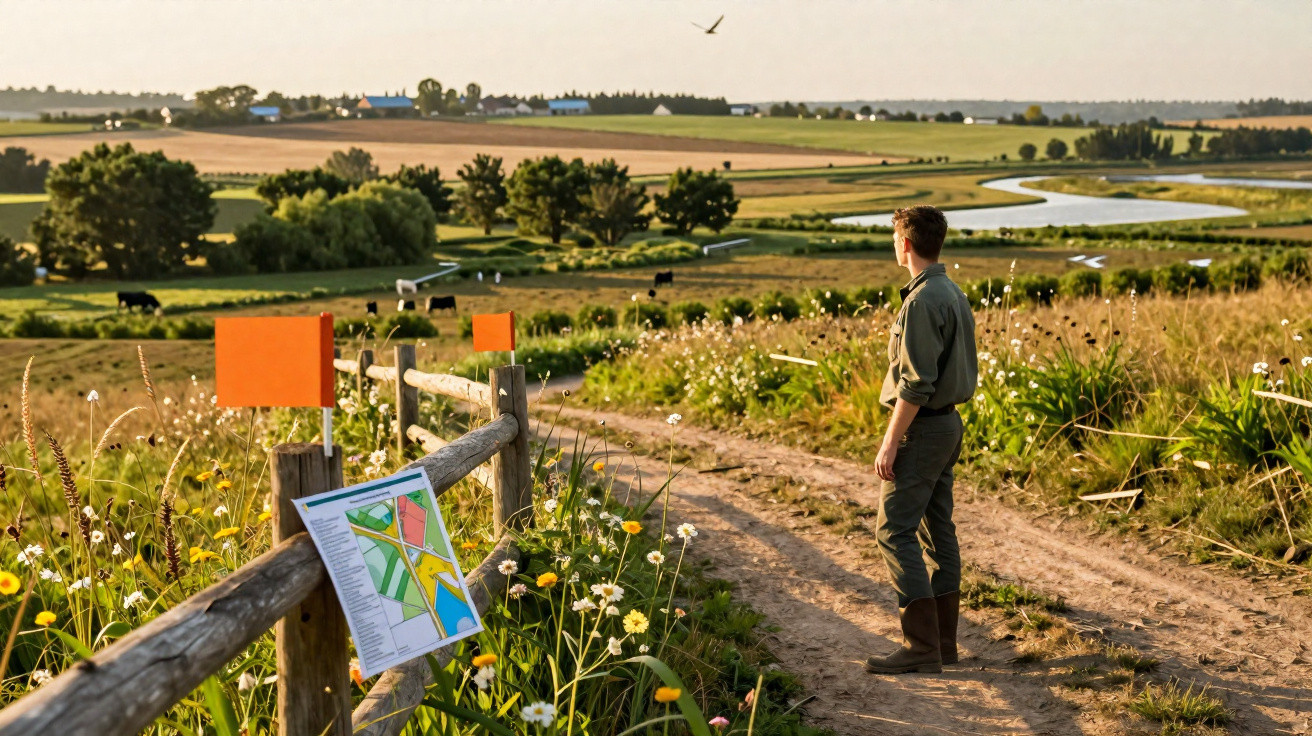 Man in boots standing on a dirt path overlooking farmland with a river, wildflowers, and a wooden fence with signs.