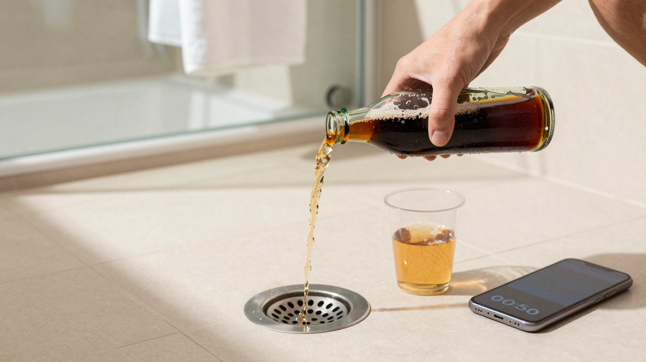 Hand pouring soda from a glass bottle into a sink drain next to a plastic cup and a smartphone on a tiled surface.