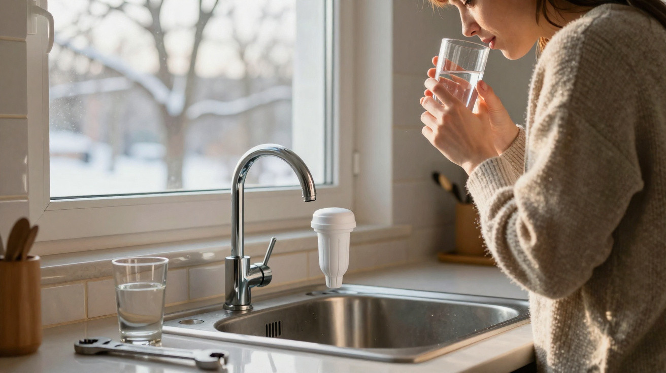 Woman in sweater drinking a glass of water by a kitchen sink with a window showing a snowy scene outside.