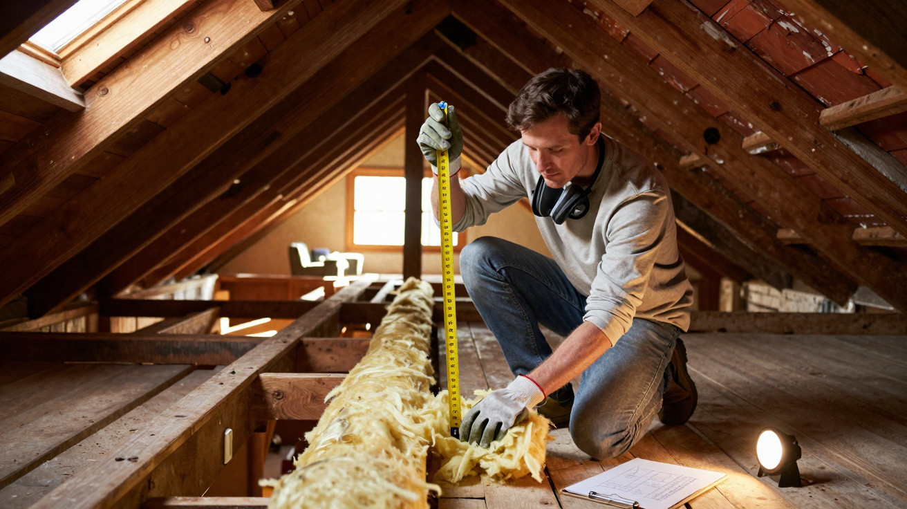 Man measuring insulation in a wooden attic with a tape measure and notes on the floor beside him