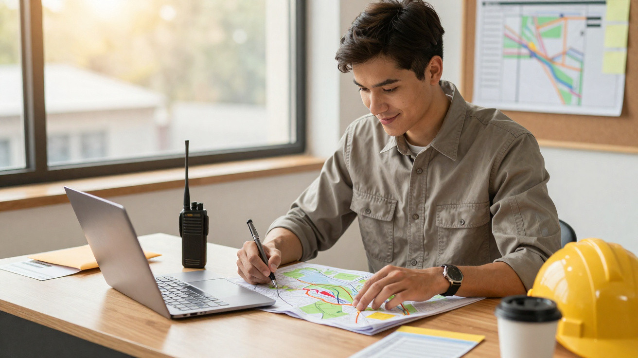 Man studying a map and taking notes at a desk with a laptop, walkie-talkie, and yellow hard hat nearby.