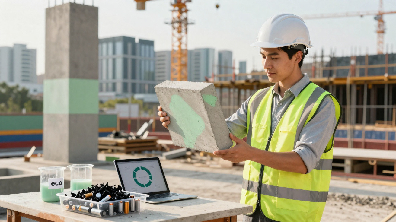 Construction worker in hard hat and high-visibility vest inspecting a concrete block at a building site.
