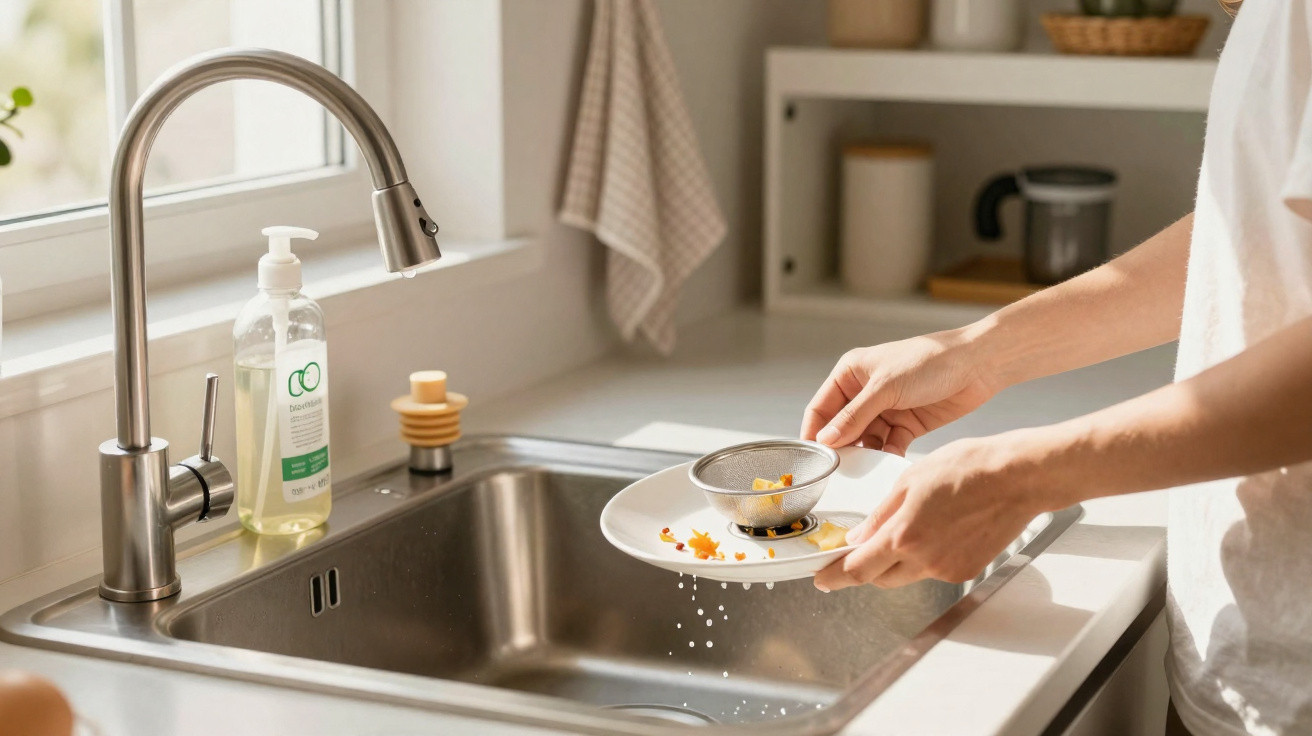 Person rinsing food scraps from a plate using a metal strainer over a kitchen sink.