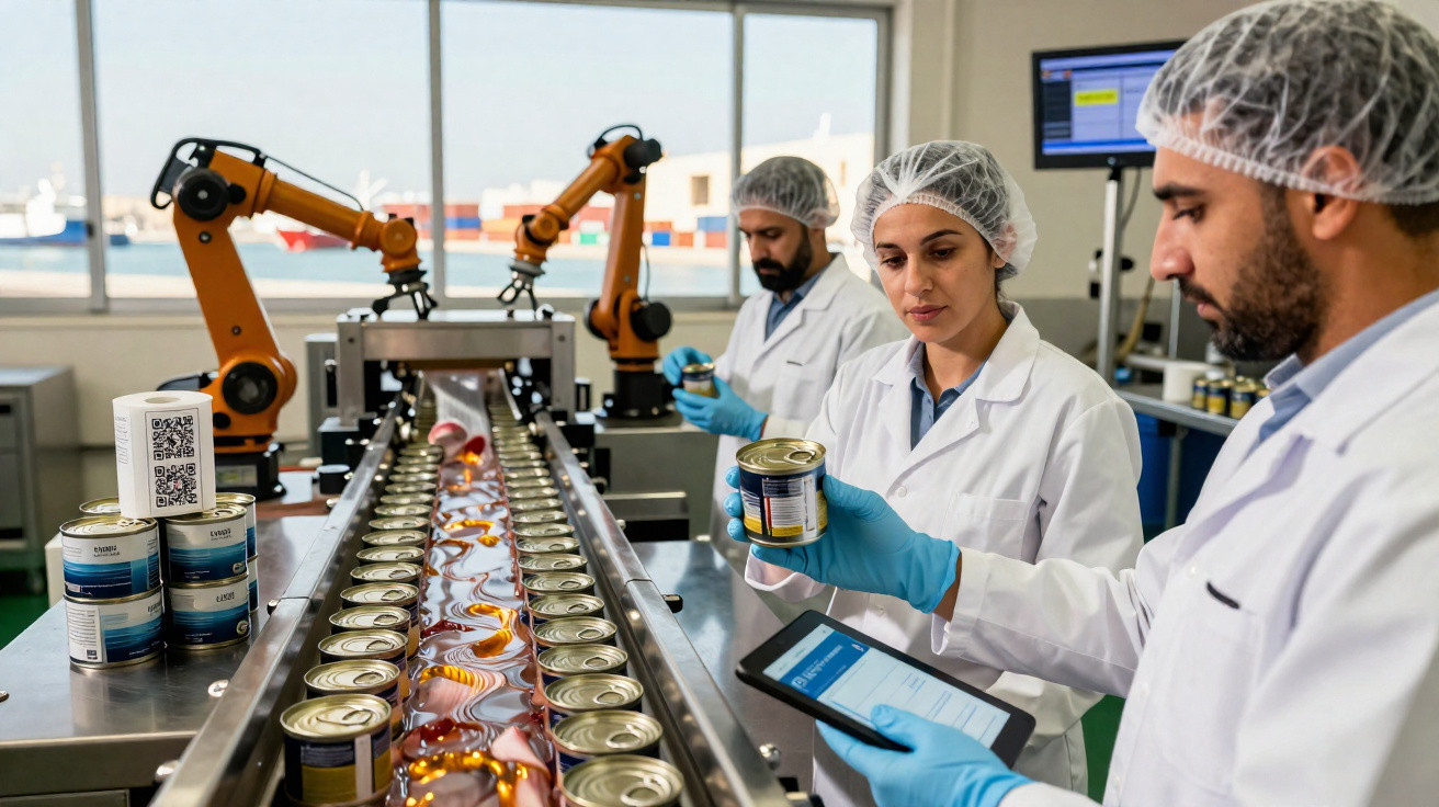 Technicians in lab coats and hairnets inspecting canned goods on a conveyor belt in a factory with robotic arms.