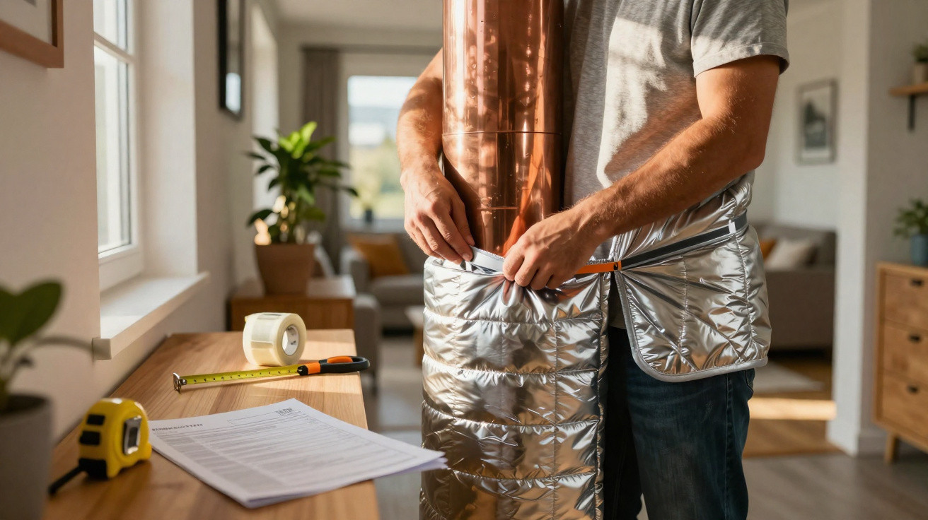 Person fitting insulation wrap around copper pipe in a well-lit home interior with tools on a table nearby