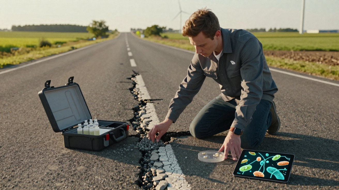 Scientist examining cracked road surface with samples and tablet showing magnified microorganisms outdoors.