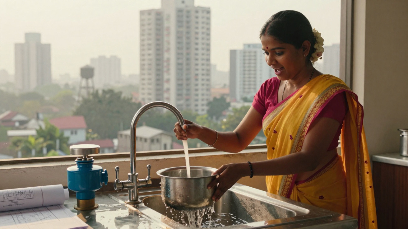 Woman in yellow saree filling a pot with water from a kitchen tap with city buildings in the background