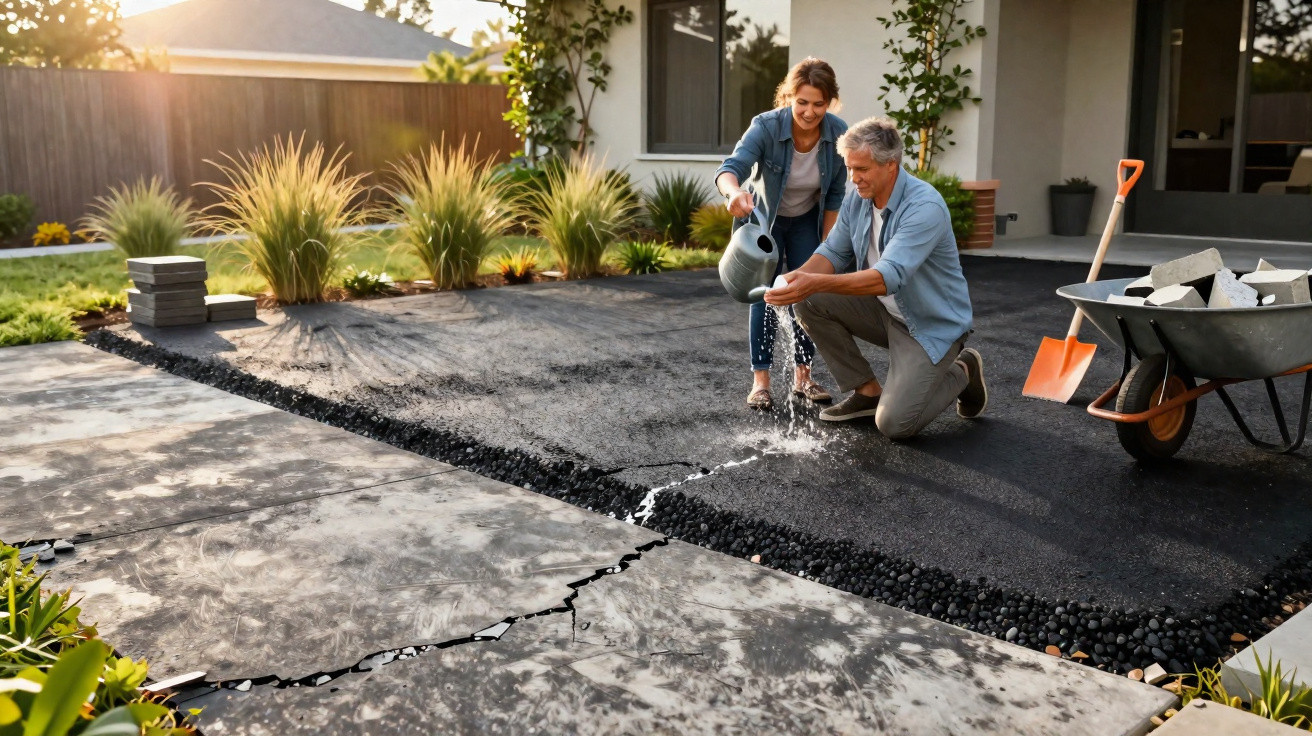 Couple watering fresh black gravel on driveway under construction outside their house at sunset.