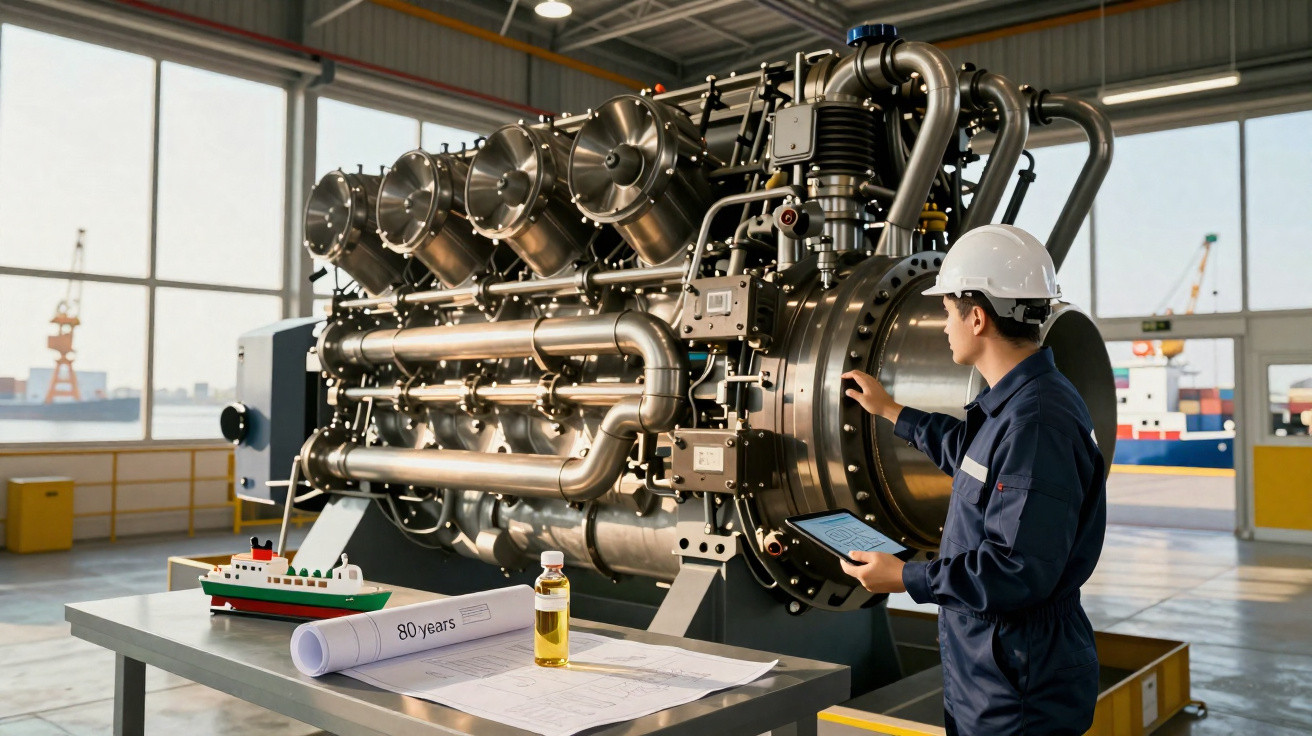 Engineer in hard hat inspecting large marine engine in industrial workshop with blueprints on table nearby