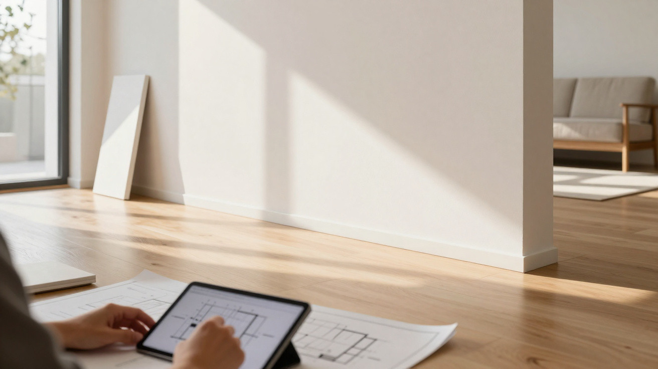Person using a tablet and printed floor plans on a wooden floor in a sunlit modern room.