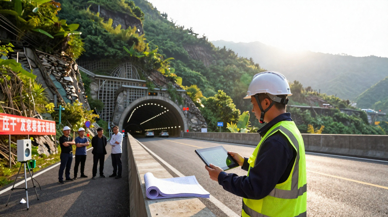 Engineer in safety gear using tablet at tunnel entrance with group of workers and mountainous background.