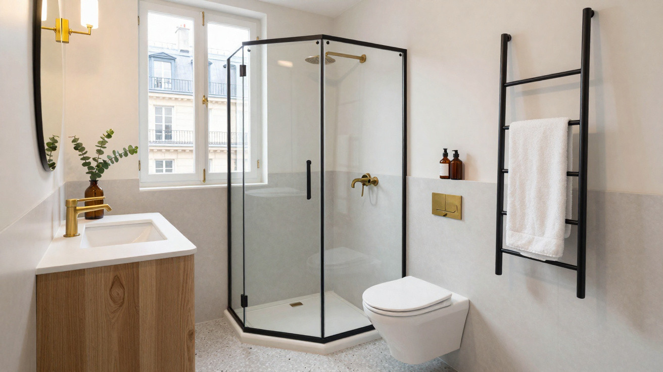 Modern bathroom with glass corner shower, wall-mounted toilet, wooden vanity, and black towel rack with white towel