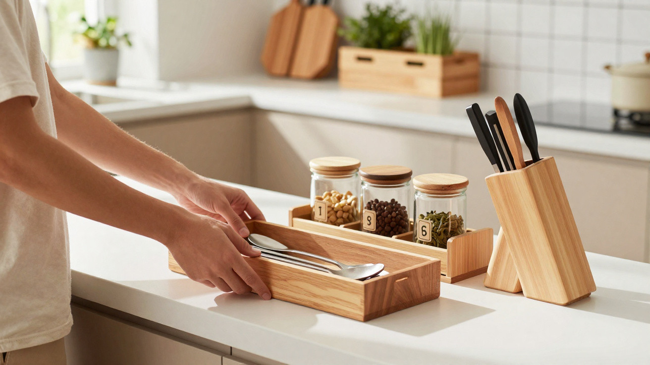 Person placing silverware in a wooden tray on a kitchen countertop with spice jars and knife block nearby.