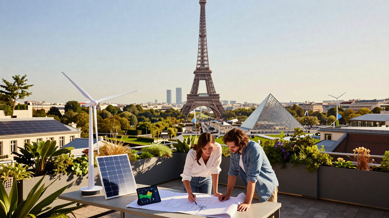 Two people studying blueprints on a rooftop with solar panels, wind turbines, and the Eiffel Tower in the background.