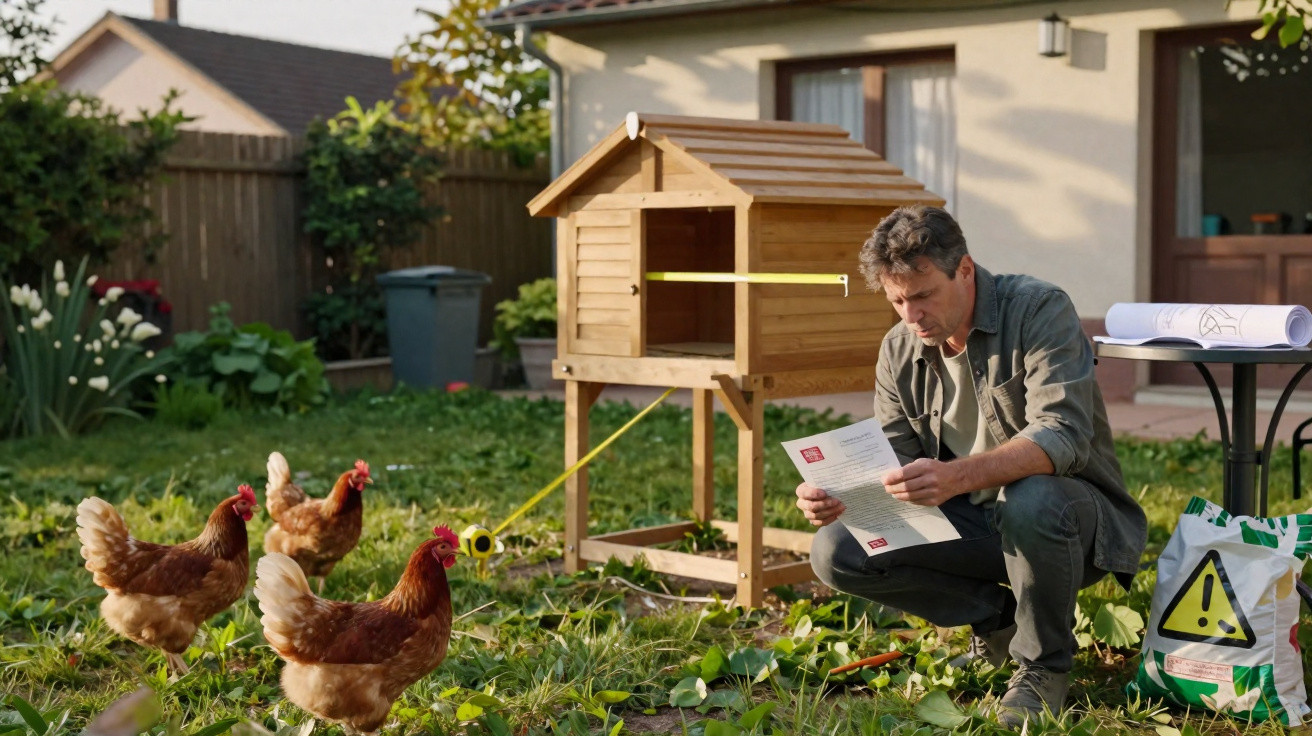 Man assembling a wooden chicken coop while measuring tape surrounds chickens in a backyard garden.